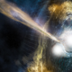 Ilustración que representa la colisión de dos estrellas de neutrones, con el característico brote de rayos gamma de alta energía y las ondas gravitacionales que causa en el tejido espacio-tiempo.